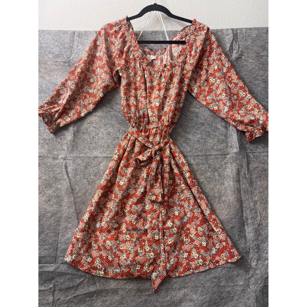 LOFT Outlet Orange Red Floral Long Sleeve Mini Dress Belted Size 2 - Picture 2 of 15
